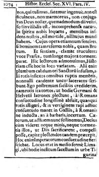Glareanus, Divorum Felicis, Regulae et Exuperantii agon, in Hottinger, Ecclesiasticae Historiae, 1667, p. 1074-1075, Munich, Bayerische Staatsbibliothek H.eccl. 529-8